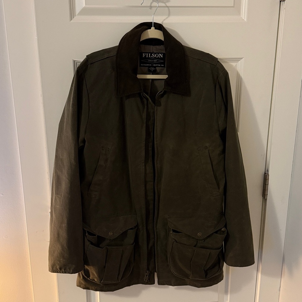 Filson Olive Green Waxed Cotton Jacket with Brown Corduroy Collar